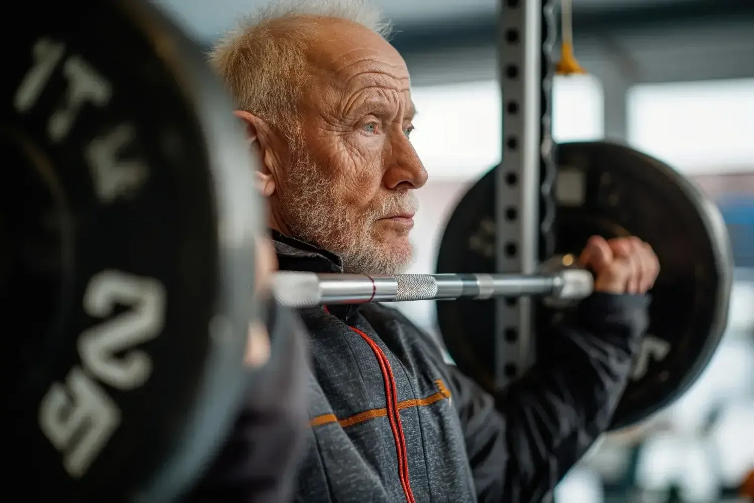 An older adult training with a barbell