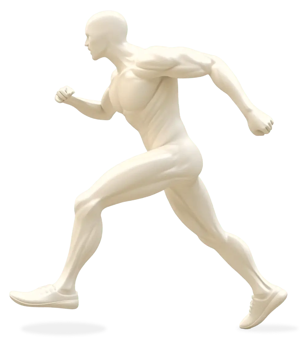 Side-profile running body model highlighting seven common areas we treat