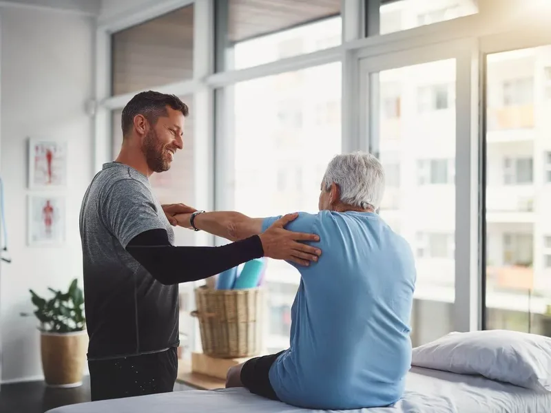 Physical therapist assessing a patient's shoulder movement for a rotator cuff injury