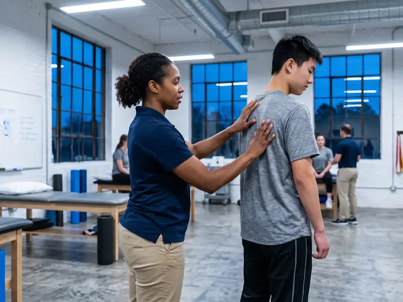 Physical therapist assessing a patient's posture and alignment